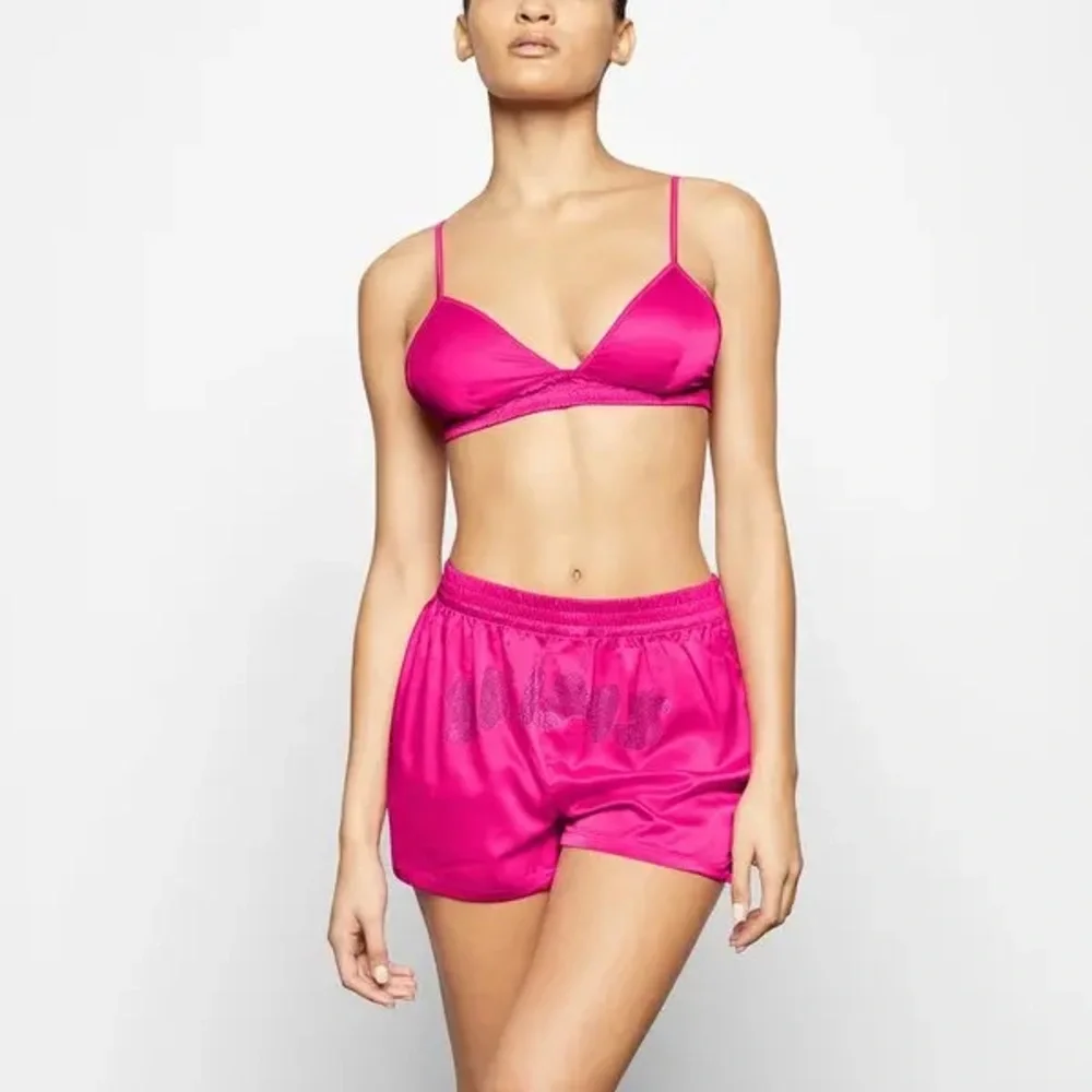 SKIMS Woven Shine Rhinestone Logo BOXERS & BRA in Raspberry - Picture 10 of 13